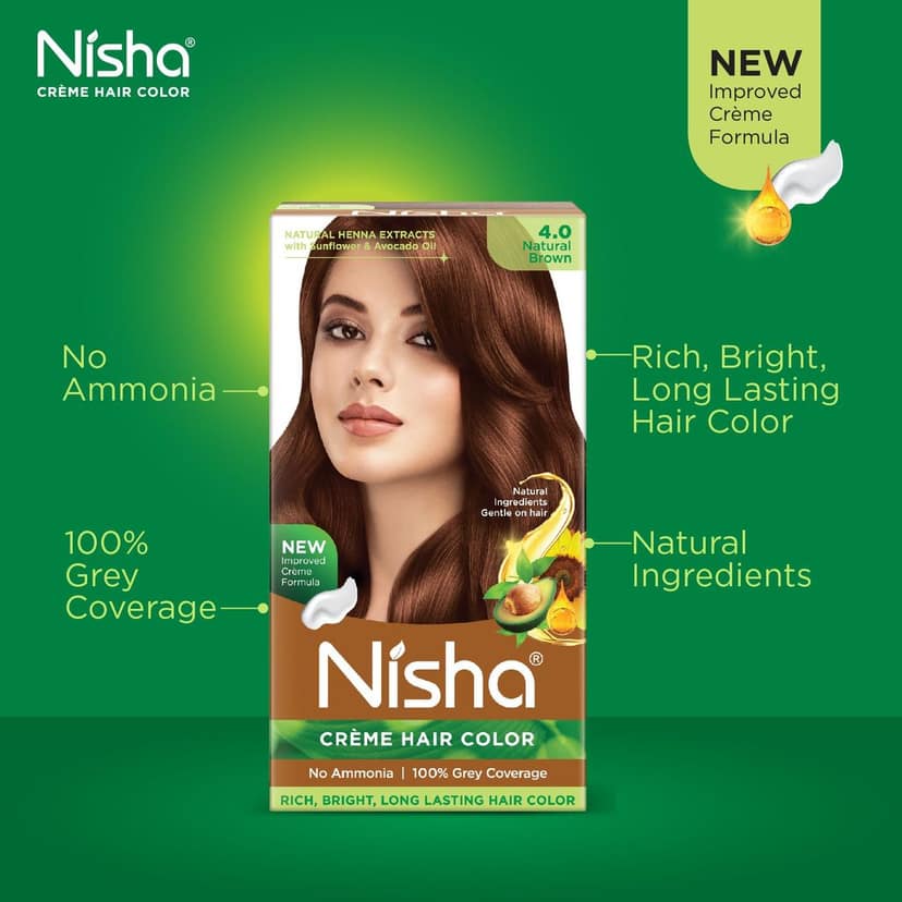 Nisha Creme Hair Color Natural Brown 60g Pack of 2, Permanent Hair Colour, No Ammonia, 100% Grey Coverage view 3