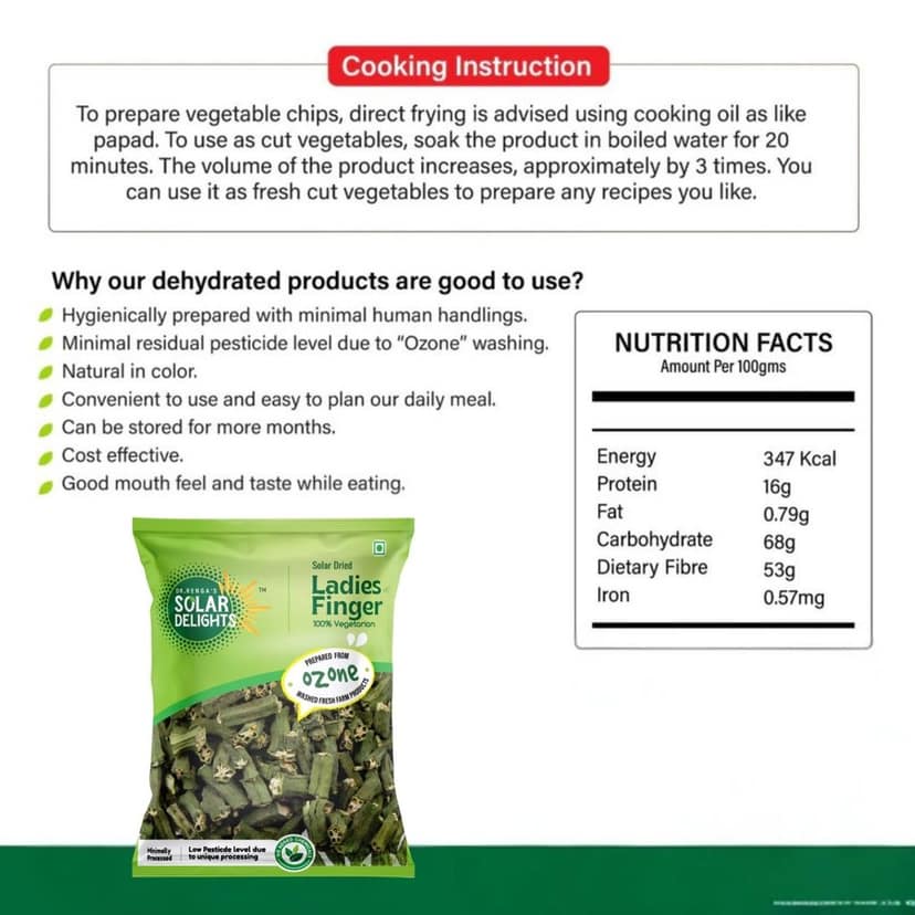 DR. RENGA'S SOLAR DELIGHTS Solar Dried Okra (Bhindi/Ladies Finger) | Dehydrated Dried Vegetable for Cooking | Use in Curries, Sambar & Crispy Fry | 100g view 4