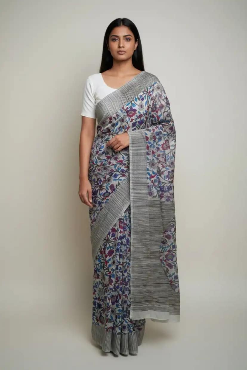 Odisha Block Print Cotton Saree Gray Floral Jaal