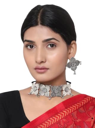 Cardinal Oxidized Silver Color Choker Necklace Set