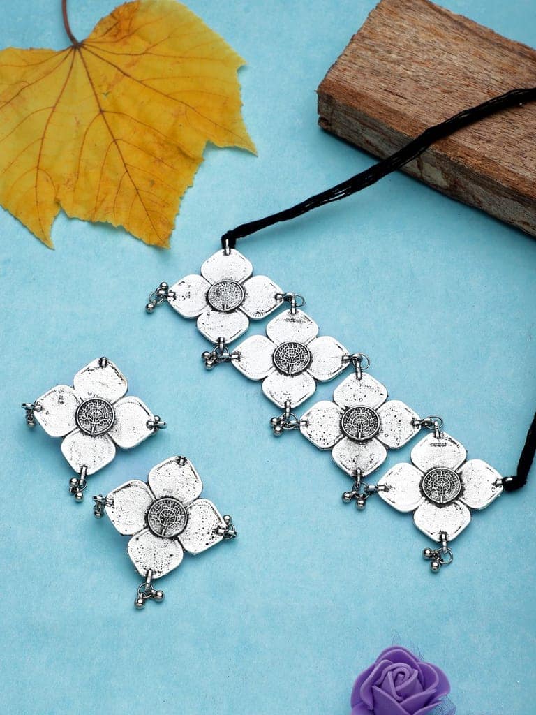 Cardinal Oxidized Silver Color Choker Necklace Set view 2