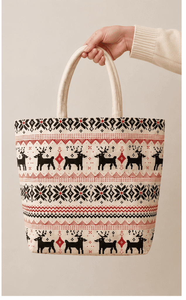 Women's Jute Tote Bag with Fair Isle Reindeer Pattern view 2