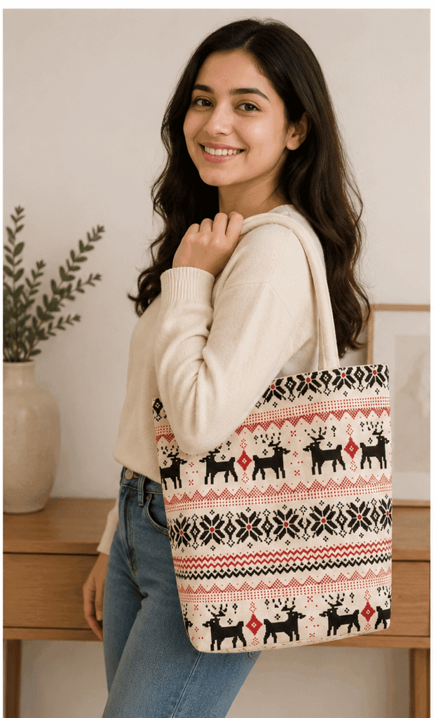 Women's Jute Tote Bag with Fair Isle Reindeer Pattern view 3