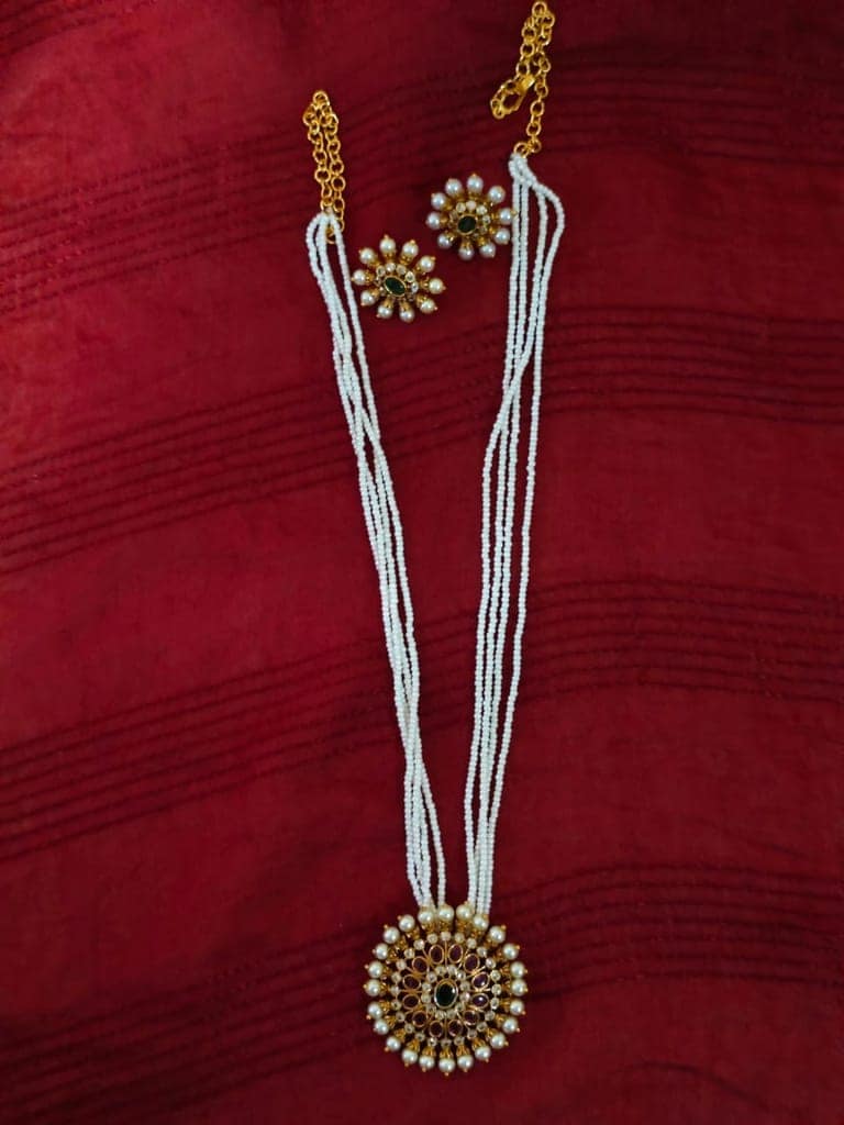 Stunning Pearl and Stone Necklace Set with Floral Pendant and Earrings view 4