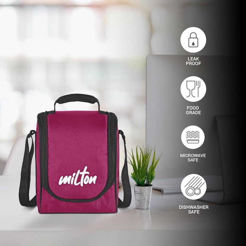 Milton Pro Lunch Box (3 Inner Steel Containers, 1 Plastic Dabba, Bottle, & Spoons) With Bag, Maroon view 2