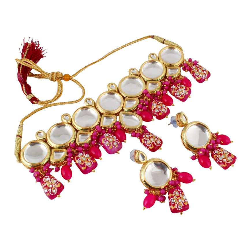 LUCKY JEWELLERY Back Meenakari 18k Gold Plated Magenta Color Earring Combo Uncut Big Faux Kundan Choker Necklace set (1565-J5SK-1630-R) view 2