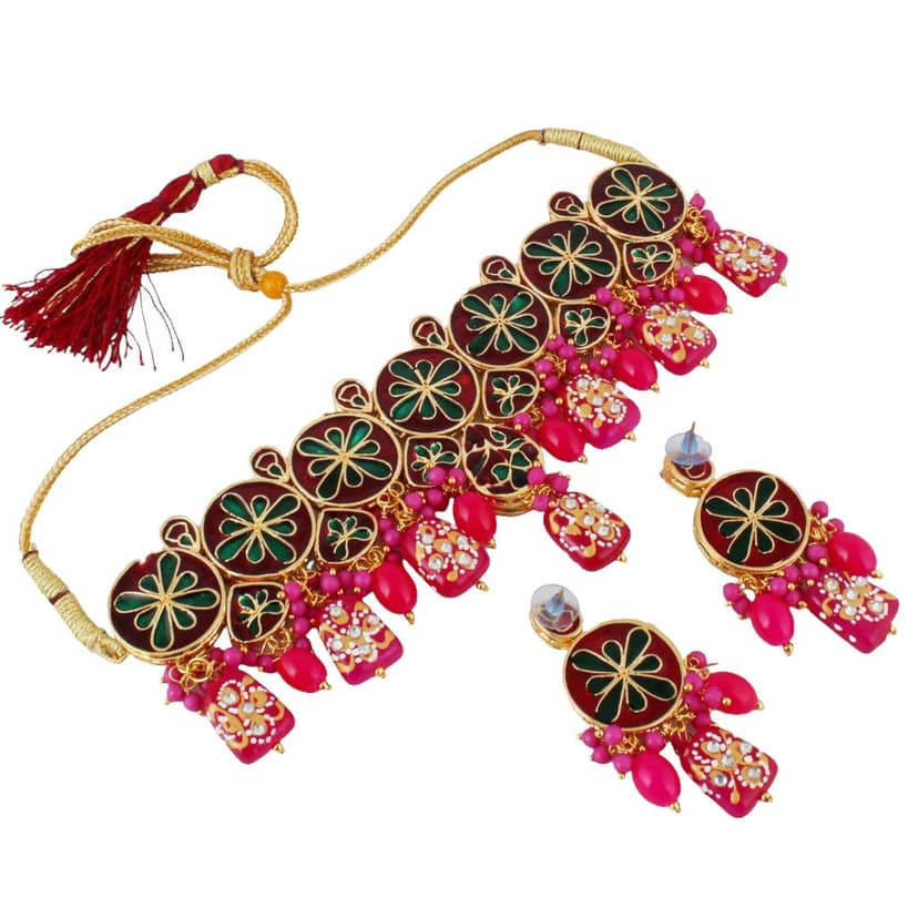 LUCKY JEWELLERY Back Meenakari 18k Gold Plated Magenta Color Earring Combo Uncut Big Faux Kundan Choker Necklace set (1565-J5SK-1630-R) view 3