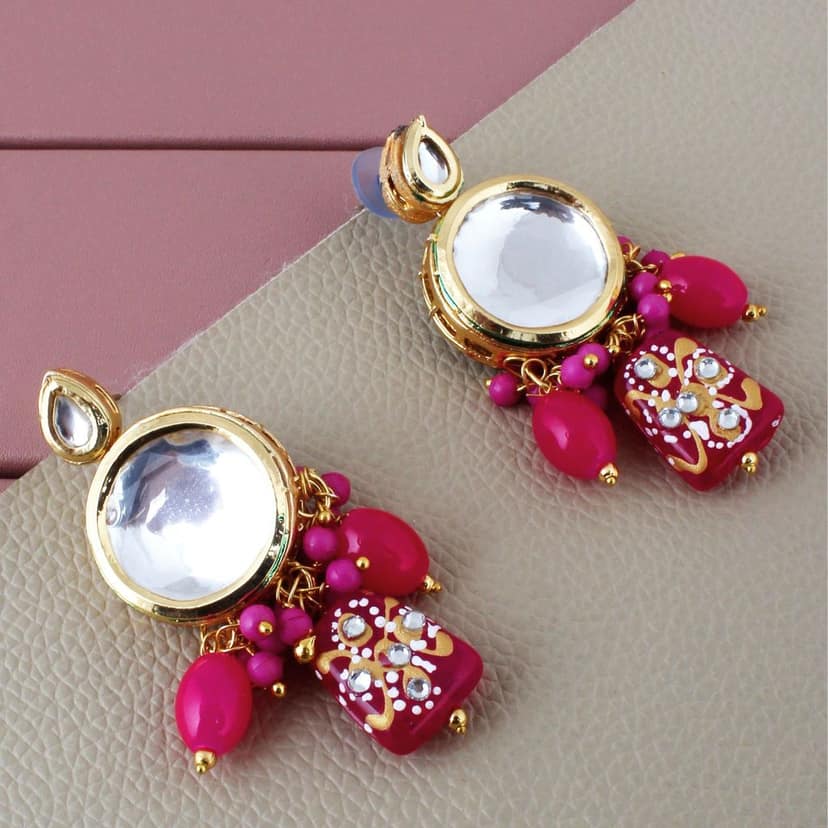 LUCKY JEWELLERY Back Meenakari 18k Gold Plated Magenta Color Earring Combo Uncut Big Faux Kundan Choker Necklace set (1565-J5SK-1630-R) view 4