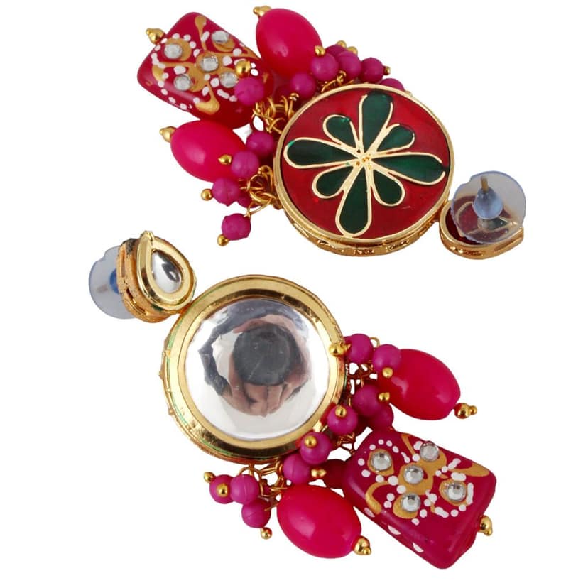 LUCKY JEWELLERY Back Meenakari 18k Gold Plated Magenta Color Earring Combo Uncut Big Faux Kundan Choker Necklace set (1565-J5SK-1630-R) view 5