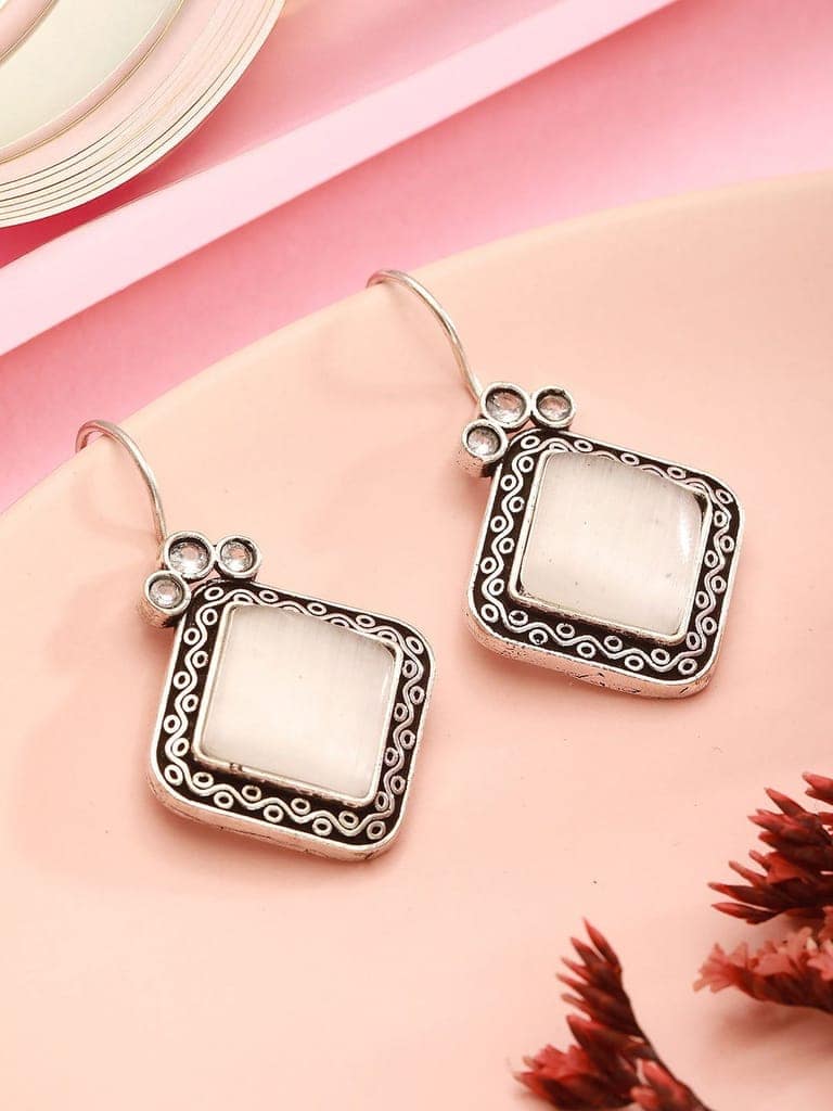 Silver Oxidised Plated White Stone Studded Square Minimal Fish Hook Earrings