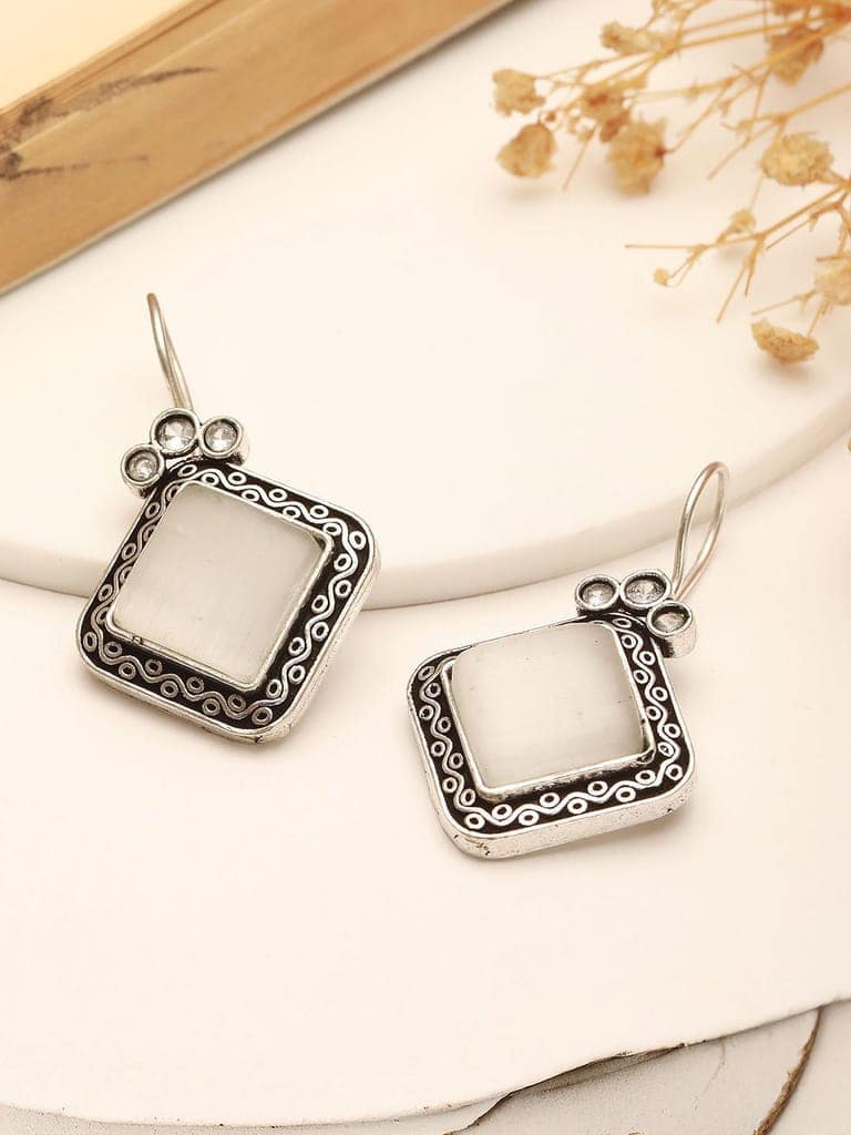 Silver Oxidised Plated White Stone Studded Square Minimal Fish Hook Earrings view 3