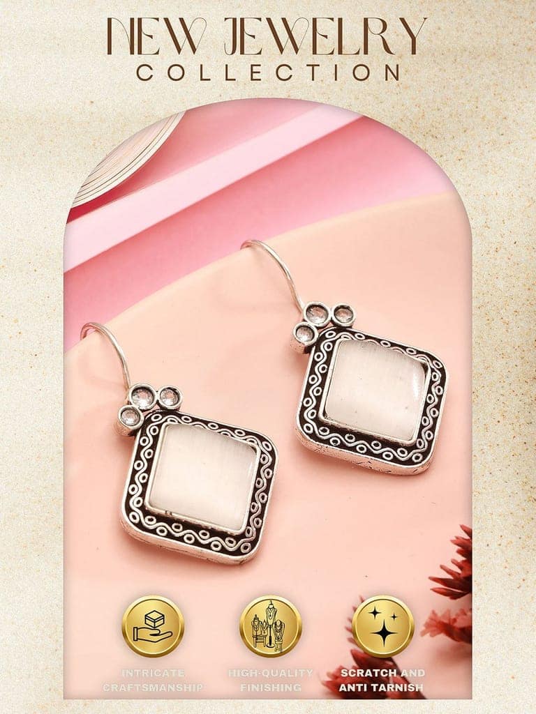 Silver Oxidised Plated White Stone Studded Square Minimal Fish Hook Earrings view 5