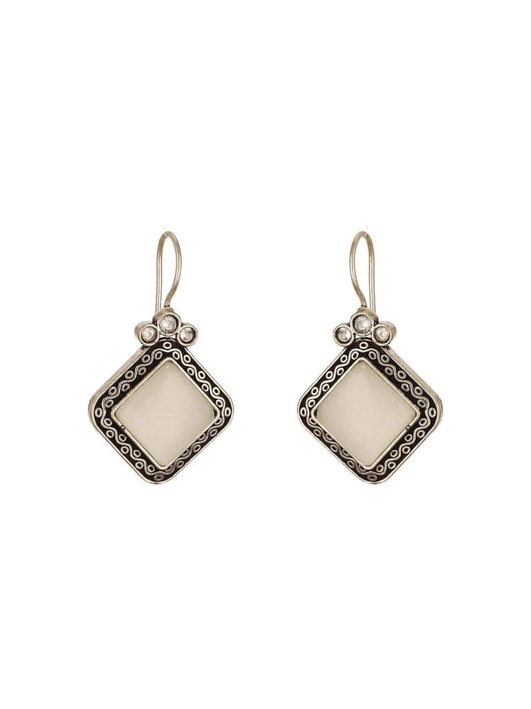 Silver Oxidised Plated White Stone Studded Square Minimal Fish Hook Earrings view 7