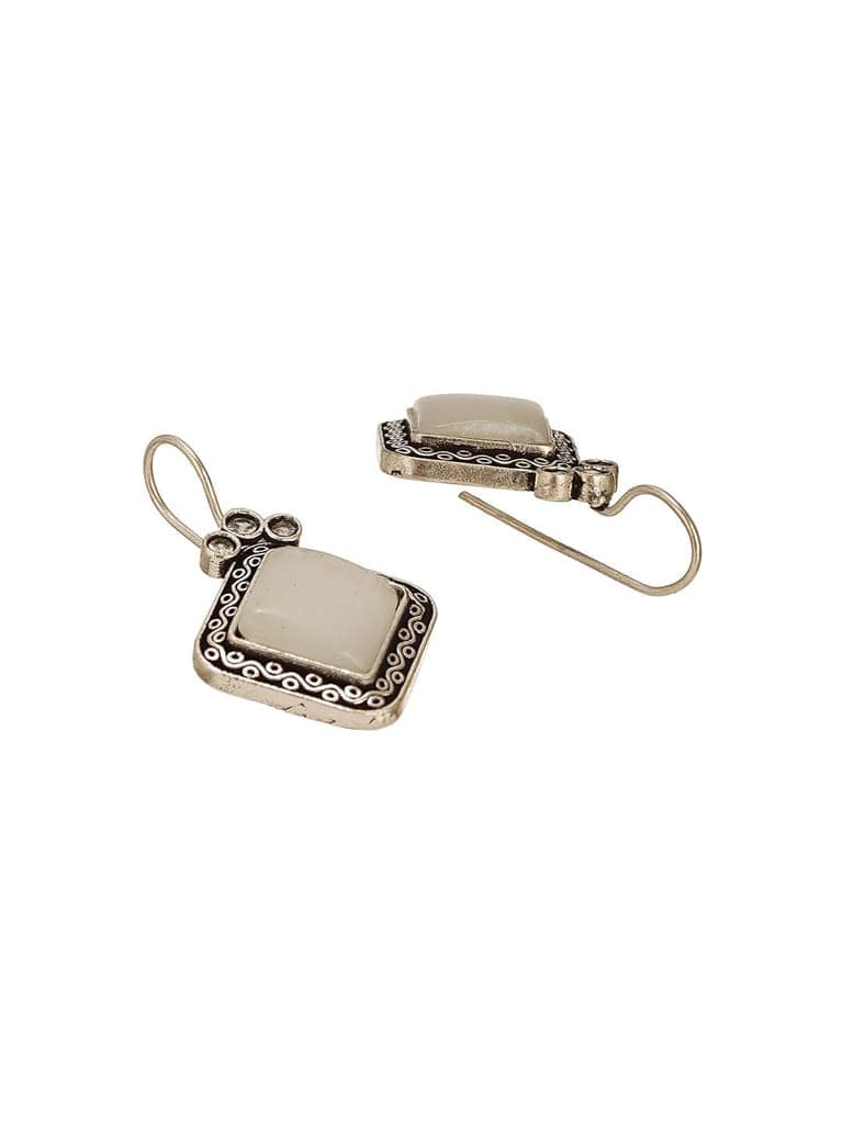 Silver Oxidised Plated White Stone Studded Square Minimal Fish Hook Earrings view 8