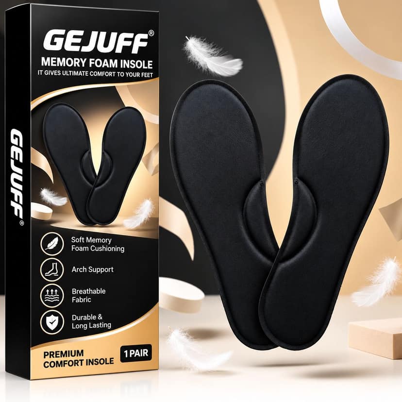 GEJUFF Pack of 2 Pairs Memory Foam Insoles for Men & Women, Cushioned Shoe Inserts with Arch Support for Walking, Running & Everyday Comfort, Black view 7