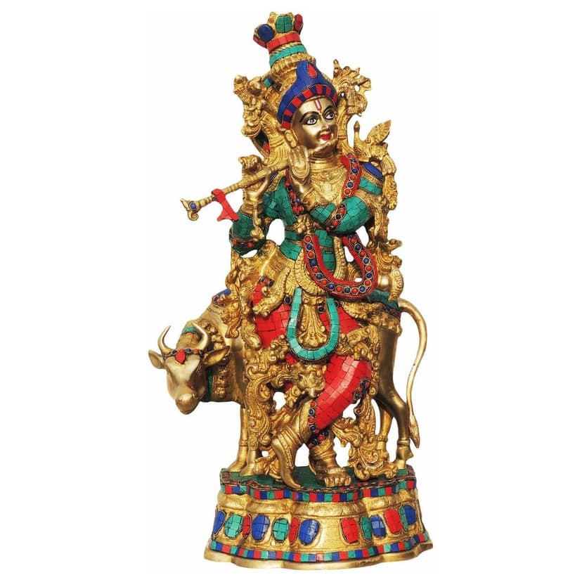 Brass Showpiece Krishna Ji God Idol Statue With Stone (BSMAS469) view 2