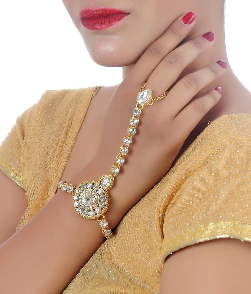Lucky Jewellery Elegant White Color Gold Plated Stone Hand Bracelet Bridal Hathphool For Girls & Women (159-L1HS-21-W) view 2