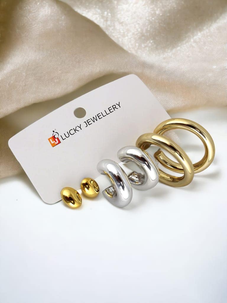 LUCKY JEWELLERY Fashion 3 Pairs Combo Set Of Latest Earrings Celebrity Inspired Stylish Trendy Gold and Silver Plated Oval Stud Tops Earing Plastic C Shaped Earring for Women & Girls (190-CHEX-1017-3) view 2