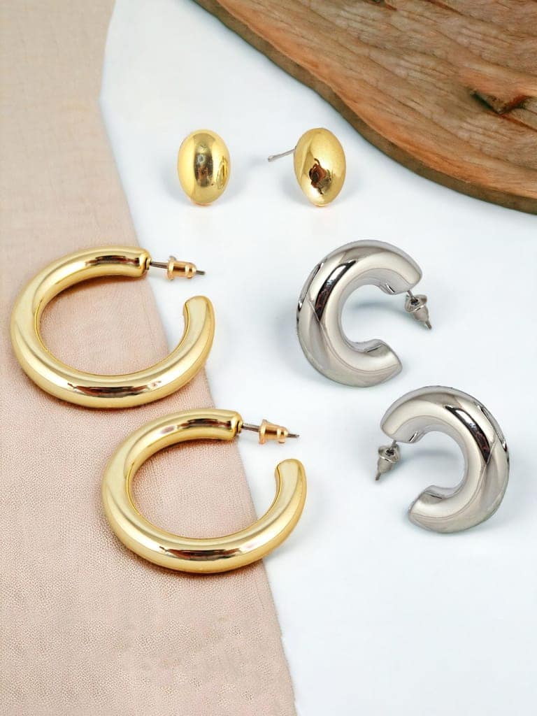 LUCKY JEWELLERY Fashion 3 Pairs Combo Set Of Latest Earrings Celebrity Inspired Stylish Trendy Gold and Silver Plated Oval Stud Tops Earing Plastic C Shaped Earring for Women & Girls (190-CHEX-1017-3) view 3