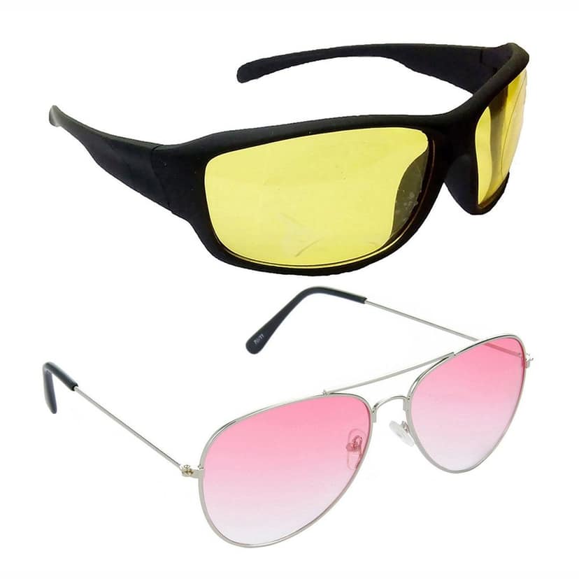 HRINKAR Men Women Boys & Girls Pilot & Rectangular Sunglasses Black & Silver Frame, Yellow & Red Lens (Medium) Pack of - 2