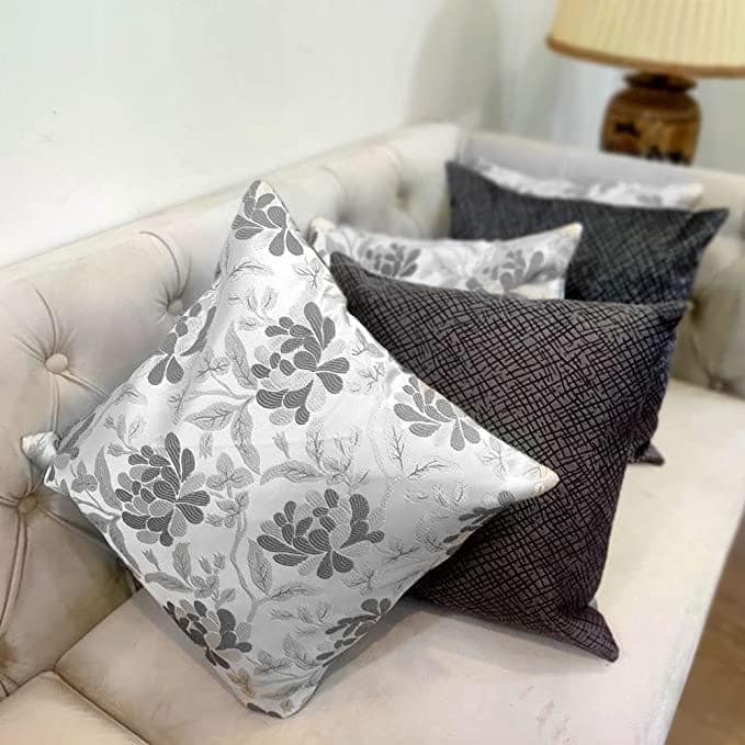 GOODVIBES White Silver Grey Damask/Self Design/Woven Floral Motifs Zipper Square Combo Cushion Covers (24x24 inch or 60 x 60 cm) Set of 5