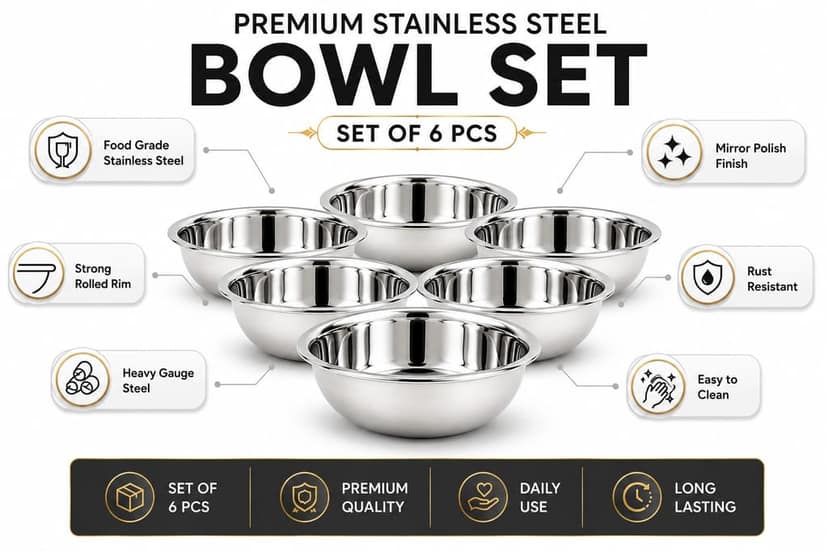 Premium Stainless Steel Bowl Set for Kitchen. Multipurpose Serving Bowls, Food Grade Steel, Katori Set for Dal, Curry, Snacks & Dessert. Durable & Rust Resistant view 2