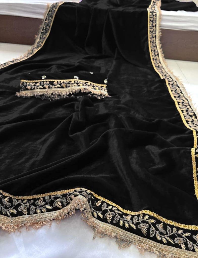 Dream Crushers Womens Saree Heavy Velvet Fabric Saree With Embroidey Work And Readymde Latkan lace in Saree view 4