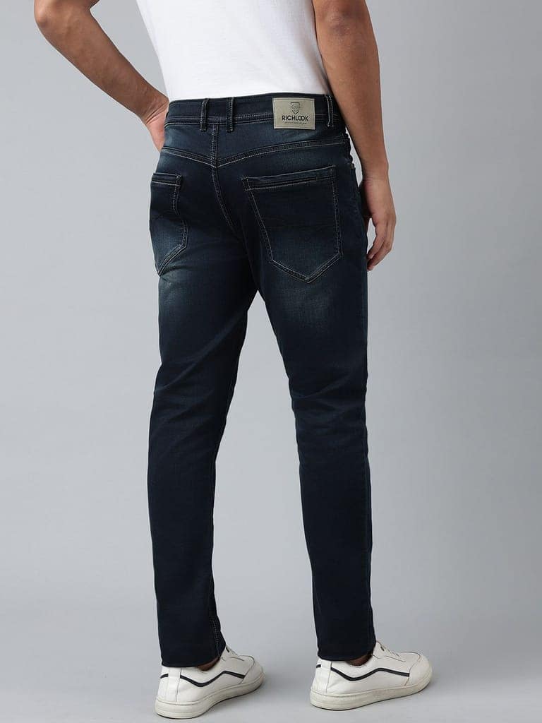 Men Indigo Tint Slim Fit Washed Mid Rise Stretchable Jeans view 3