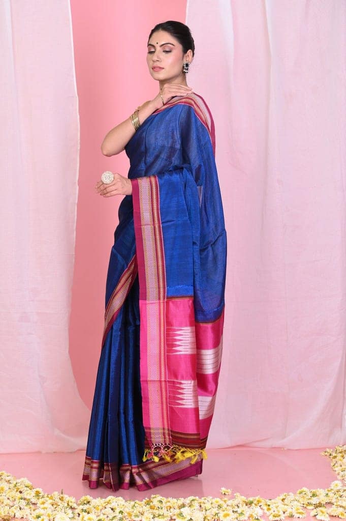 Pehal~ Traditional Handloom Royal Blue Ilkal Cotton Viscose with Pink Pure Silk Pallu view 2