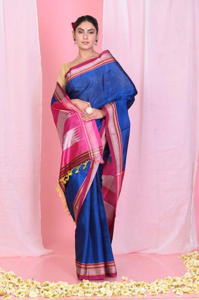 Pehal~ Traditional Handloom Royal Blue Ilkal Cotton Viscose with Pink Pure Silk Pallu view 4