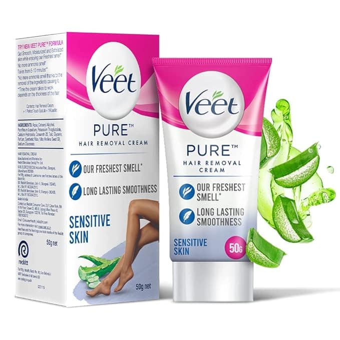 Veet Pure Hair Removal Cream for Women with No Ammonia Smell, Sensitive Skin - 50 g Suitable for Legs, Underarms, Bikini Line, Arms 2x Longer Lasting Smoothness than Razors