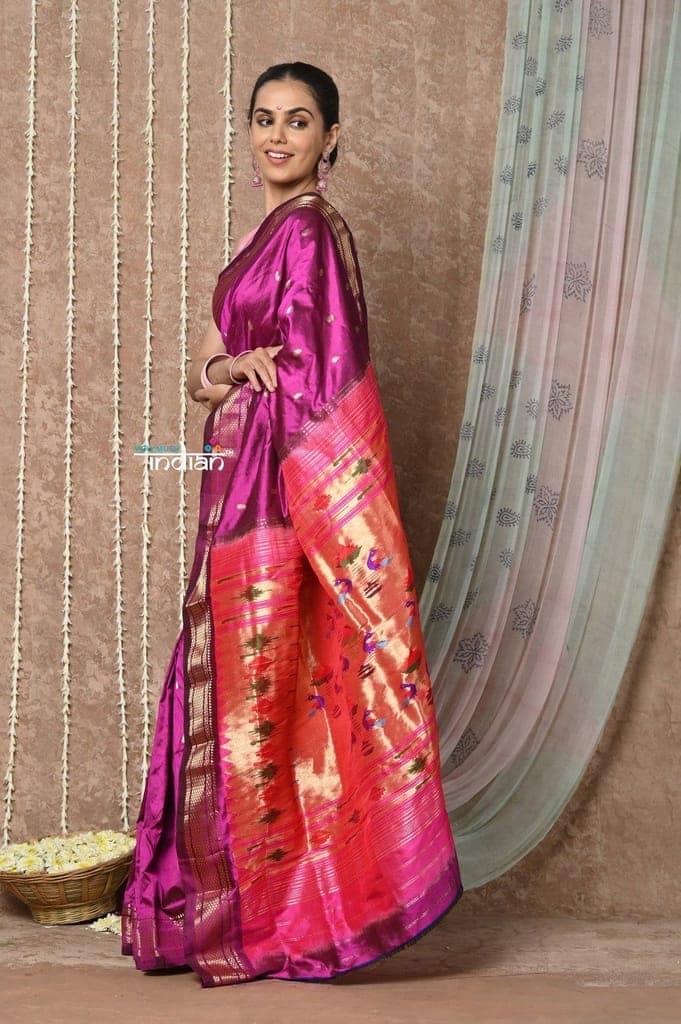 Tyohaar ~ Handloom Pure Silk Paithani Saree with Traditional Double Pallu ~ Wine (By Government Certified Weavers) view 2