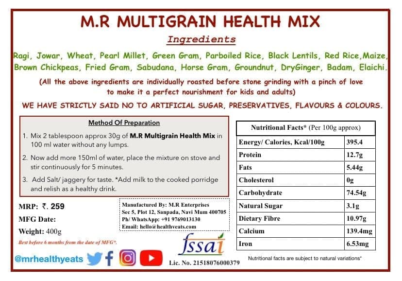 M.R Healthy Eats- Organic 17 Multigrain Health Mix Flour for Kids & Adults In Food-Grade Container 400 gms (+6 months) view 4