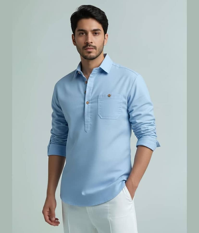 BHUVIKOO Cotton Blend Plain Shirt Style Kurta For Men ( Grey )