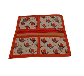 Handcrafted Cotton Fabric Wallet with Zipper Closure and Multiple Compartments for Women (Orange and White)