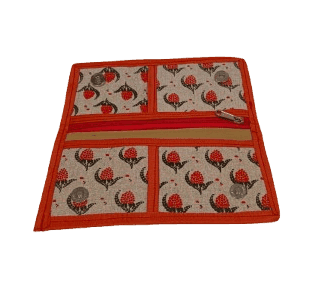 Handcrafted Cotton Fabric Wallet with Zipper Closure and Multiple Compartments for Women (Orange and White)