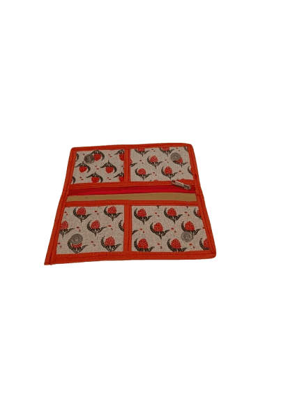 Handcrafted Cotton Fabric Wallet with Zipper Closure and Multiple Compartments for Women (Orange and White) view 4