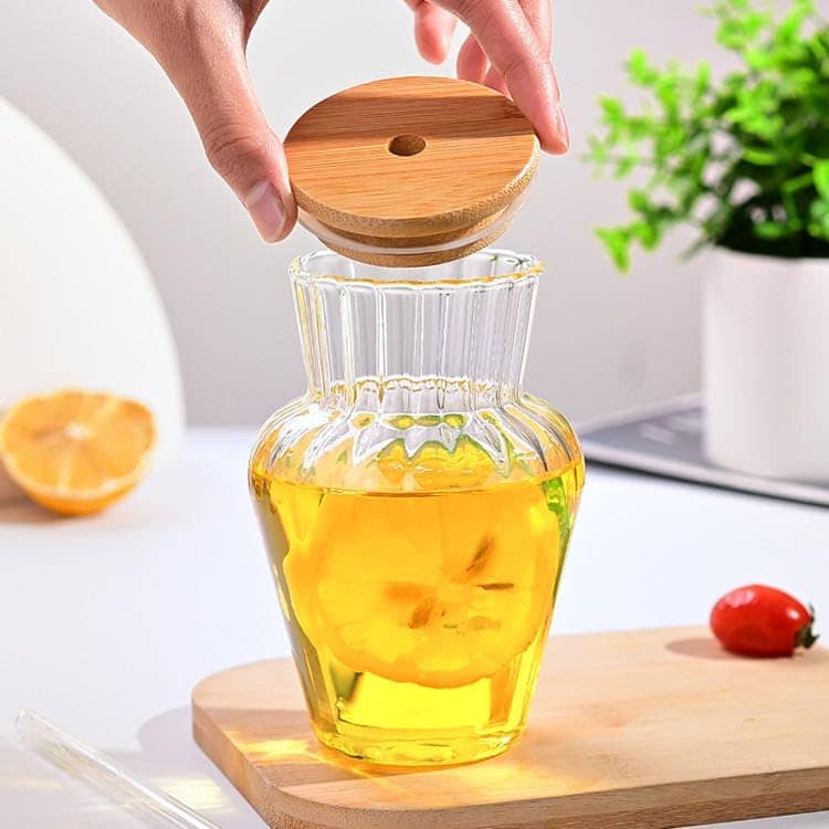 Juice & Water Sipper with Bamboo Lid and Straw, 440 ML, Set of 1, Glass Tumbler for Milkshakes, Coffee, Falooda and Mix Drink, Drinking Jar for Home, Office, Restaurant