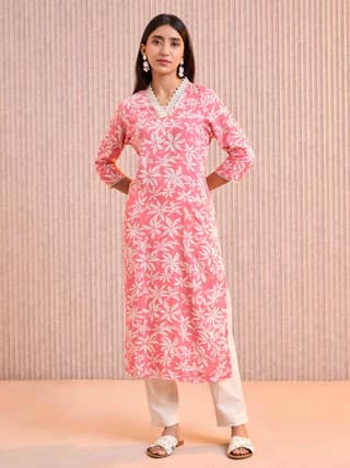 Pink Viscose Printed Kurti With Lace