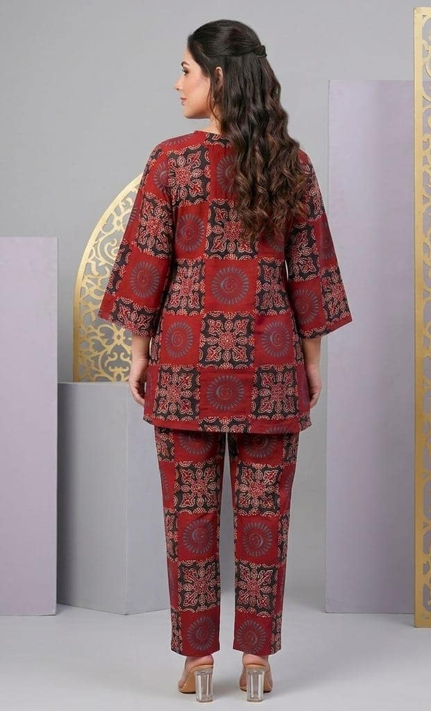 Women's Maroon Kalamkari Print Cotton Co-ord Set with Lace V-Neck view 4