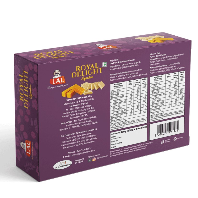 Lal Sweets Royal Delight 400g (Pack of 1) || Made with Fresh Cashew Nuts || Cow Ghee Mysore Pak || Indian Traditional Kaju Mithai view 2