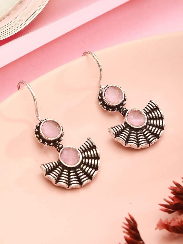 Oxidised Silver Plated Pink Stone Studded Minimal Fan Shaped Fishhook Earrings view 3