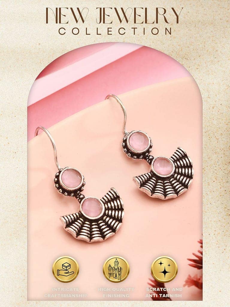 Oxidised Silver Plated Pink Stone Studded Minimal Fan Shaped Fishhook Earrings view 6