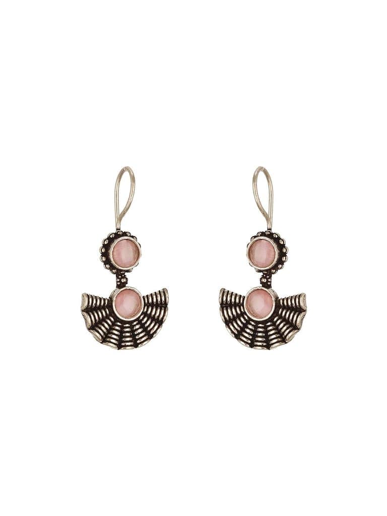 Oxidised Silver Plated Pink Stone Studded Minimal Fan Shaped Fishhook Earrings view 7