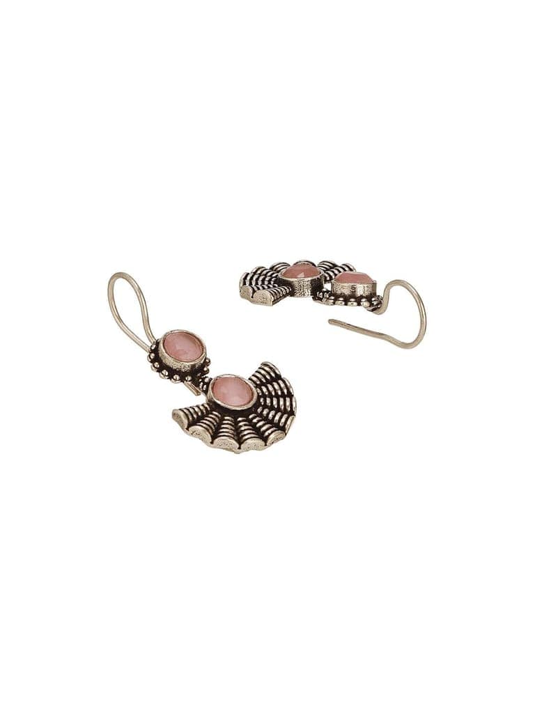 Oxidised Silver Plated Pink Stone Studded Minimal Fan Shaped Fishhook Earrings view 8