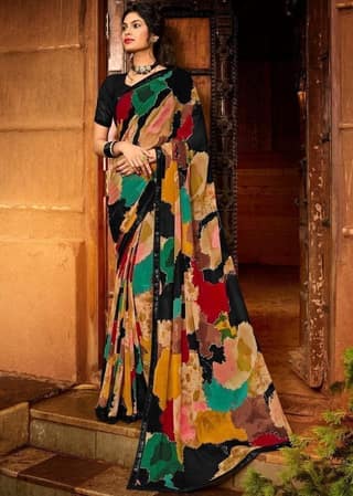 Multicolor Color Stone Work Georgette Saree With Sequence Border And Georgette Blouse Piece