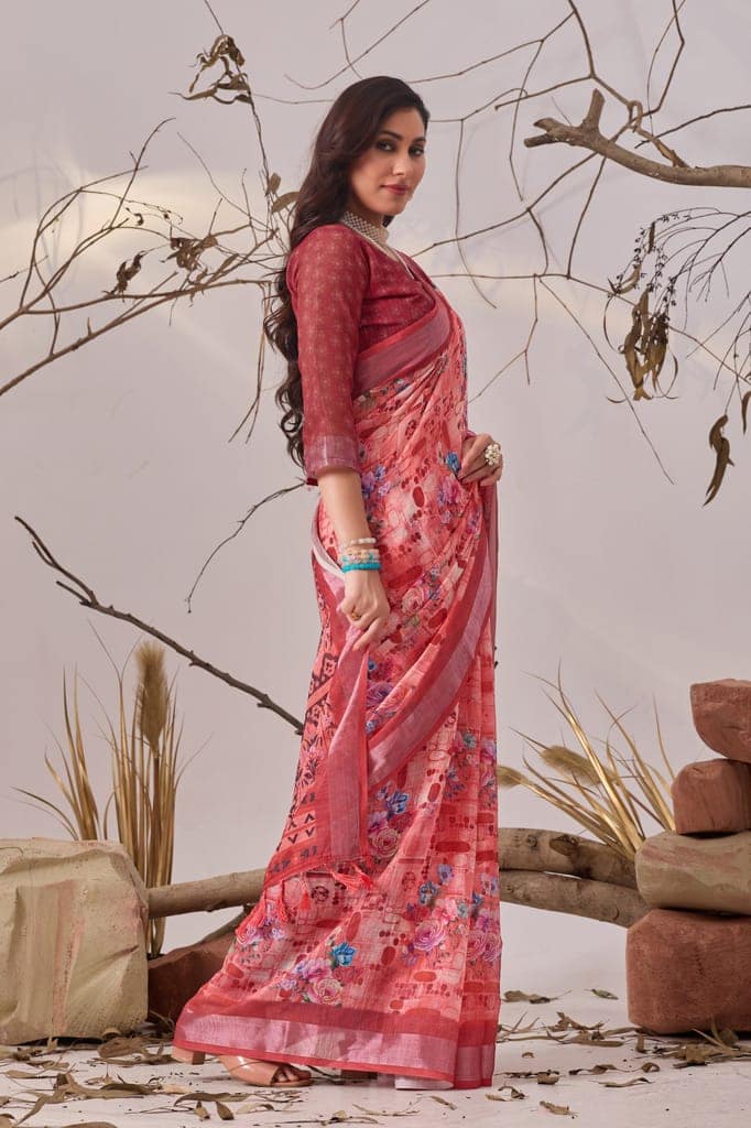 Women's Coral Pink Digital Print Floral Linen Saree view 2