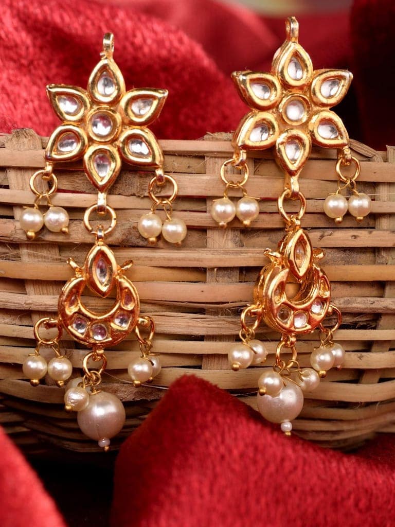 Gold Plated Kundan Studded Floral Chand Earrings view 2