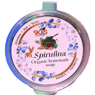 SK&S Farming Homemade- Natural and Organic Spirulina Soap with Aloe Vera, Tulsi, Nim, sandalwood and Turmeric for Anti-Acne, Anti-Aging, Skin Brightening and removes the dullness