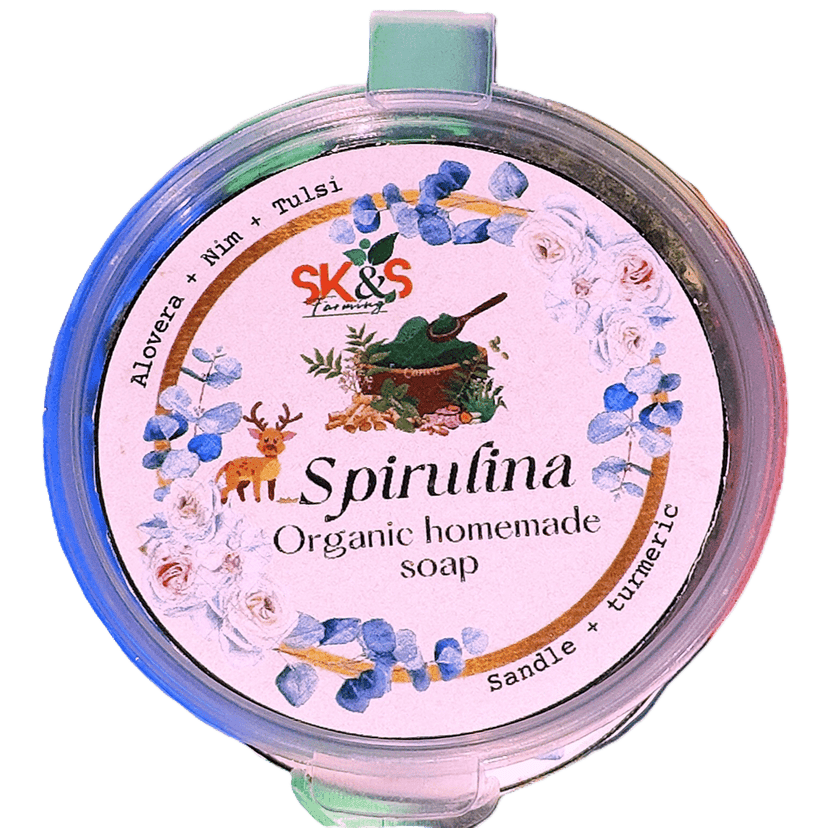 SK&S Farming Homemade- Natural and Organic Spirulina Soap with Aloe Vera, Tulsi, Nim, sandalwood and Turmeric for Anti-Acne, Anti-Aging, Skin Brightening and removes the dullness